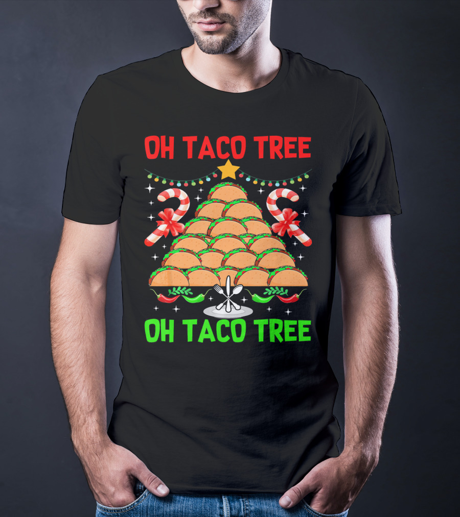 Oh Taco Tree Christmas Candy Cane Funny Party T-Shirt