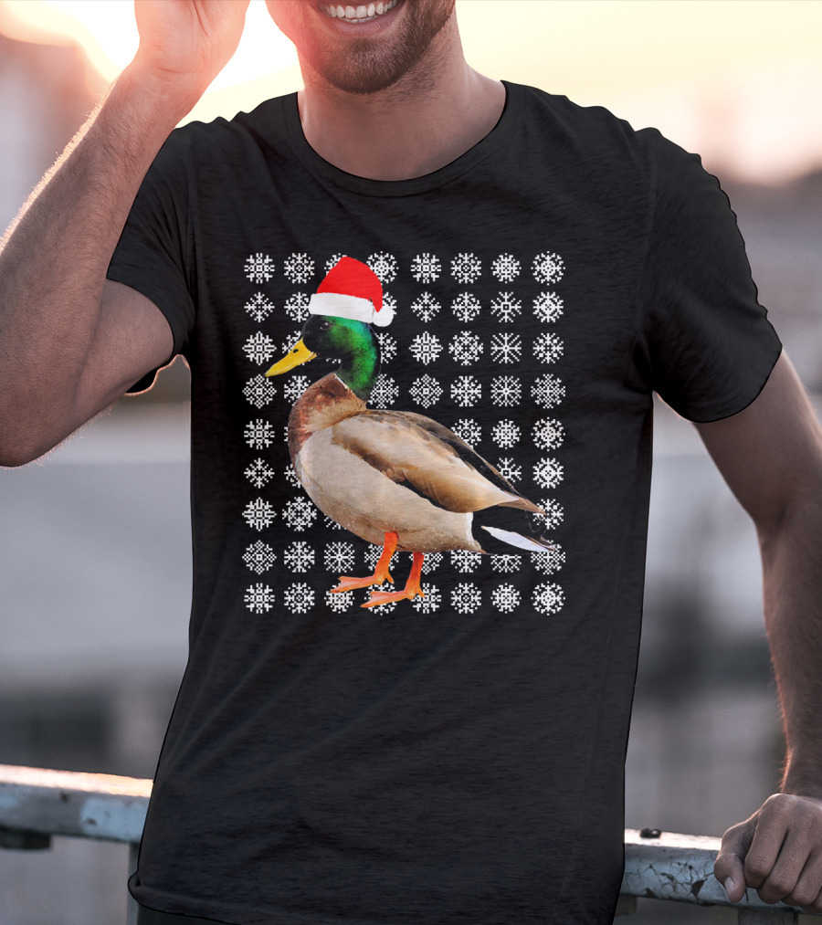 Mallard Duck In Santa Hat With Snowflake Pattern Background T-Shirt