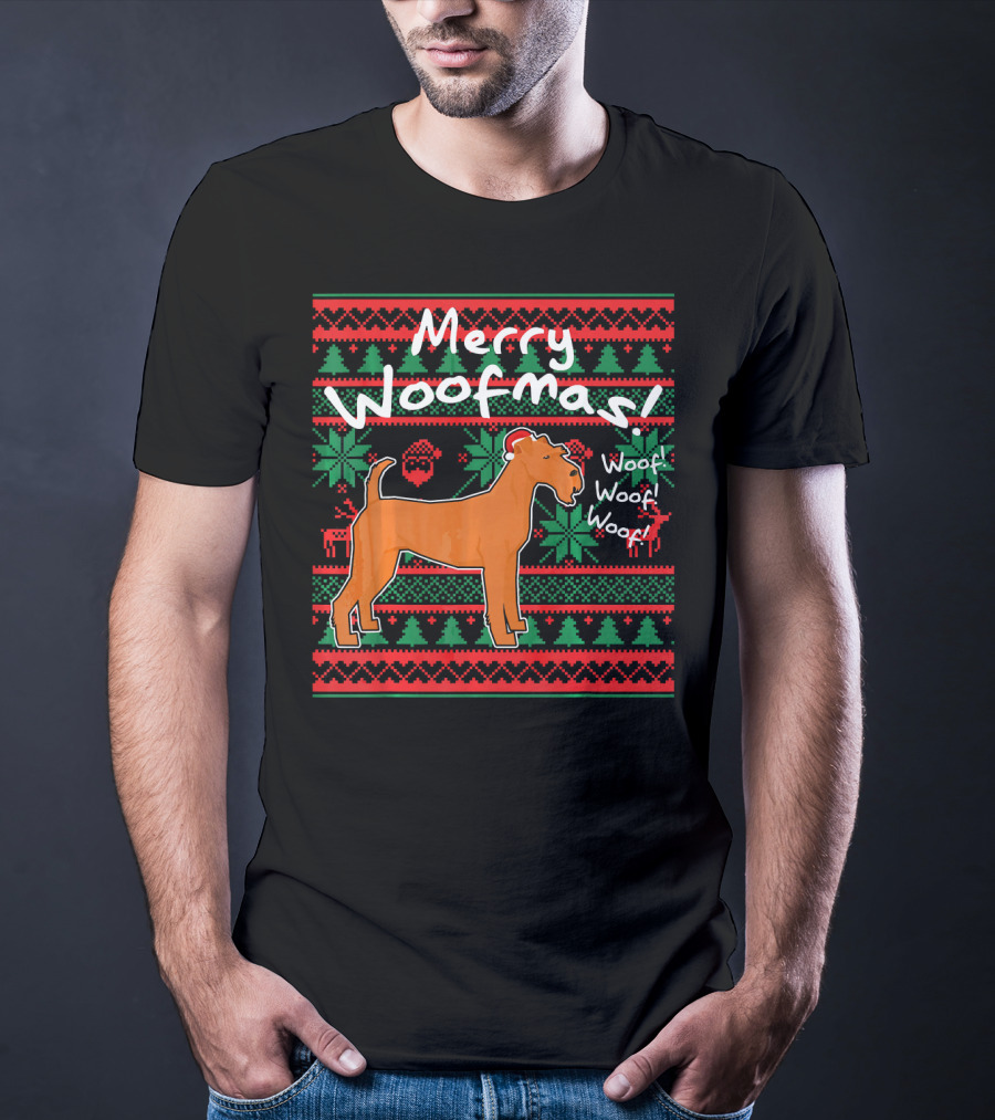 Merry Woofmas Irish Terrier Dog Woof Woof Santas Hat Fair Isle Pattern Sweater Holiday T-Shirt