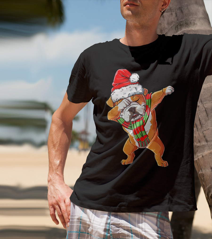Dabbing English Bulldog Santa Claus With Christmas Hat And Scarf T-Shirt