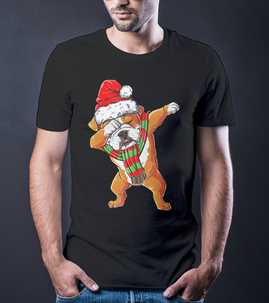 Dabbing English Bulldog Santa Claus With Christmas Hat And Scarf T-Shirt