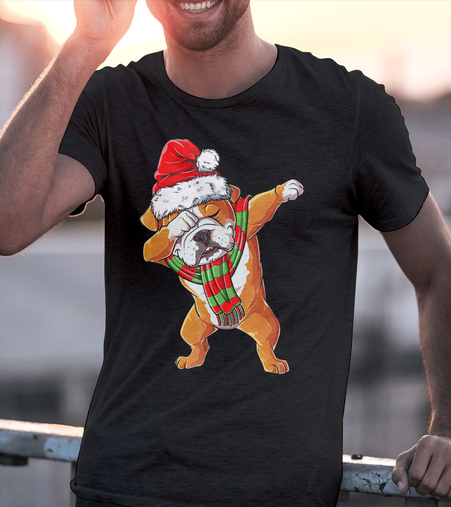 Dabbing English Bulldog Santa Claus With Christmas Hat And Scarf T-Shirt