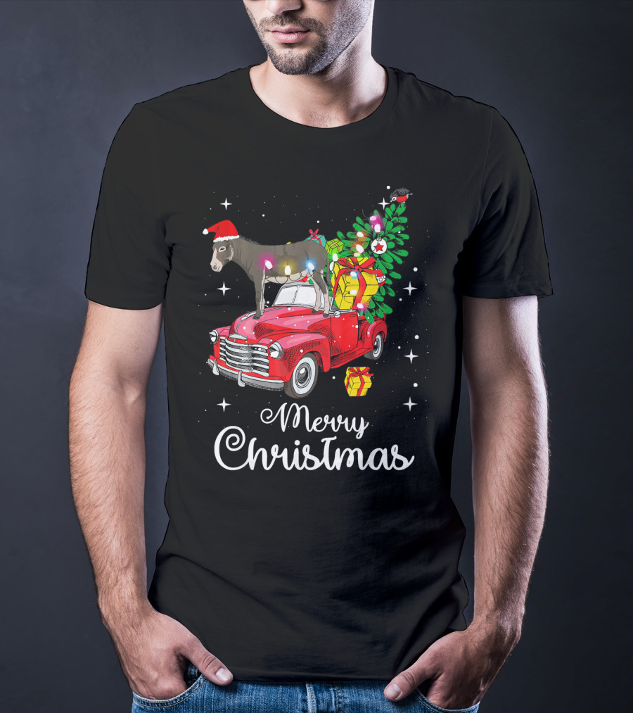 Merry Christmas Donkey Rides Red Truck With Santa Hat And Presents T-Shirt