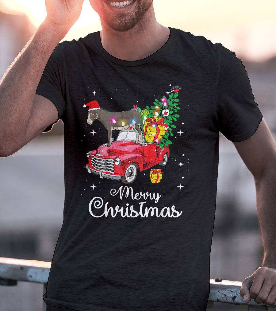 Merry Christmas Donkey Rides Red Truck With Santa Hat And Presents T-Shirt