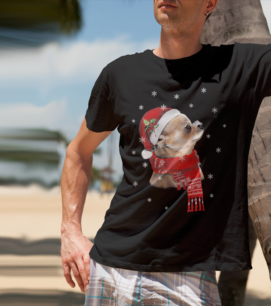 Chihuahua Christmas Cute Chihuahua Lover Festive Santa Hat And Scarf Snowflakes T-Shirt