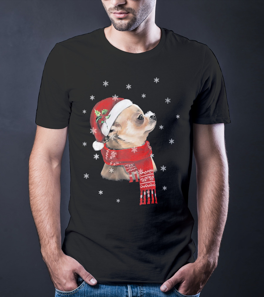 Chihuahua Christmas Cute Chihuahua Lover Festive Santa Hat And Scarf Snowflakes T-Shirt