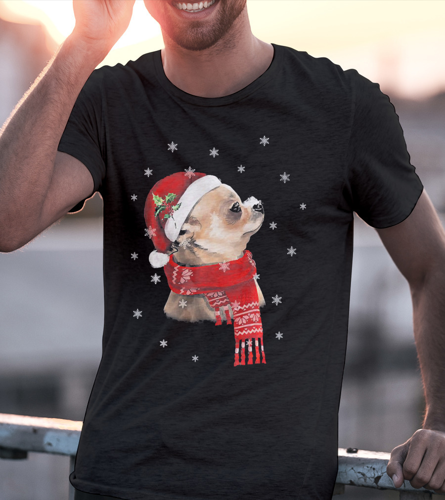 Chihuahua Christmas Cute Chihuahua Lover Festive Santa Hat And Scarf Snowflakes T-Shirt