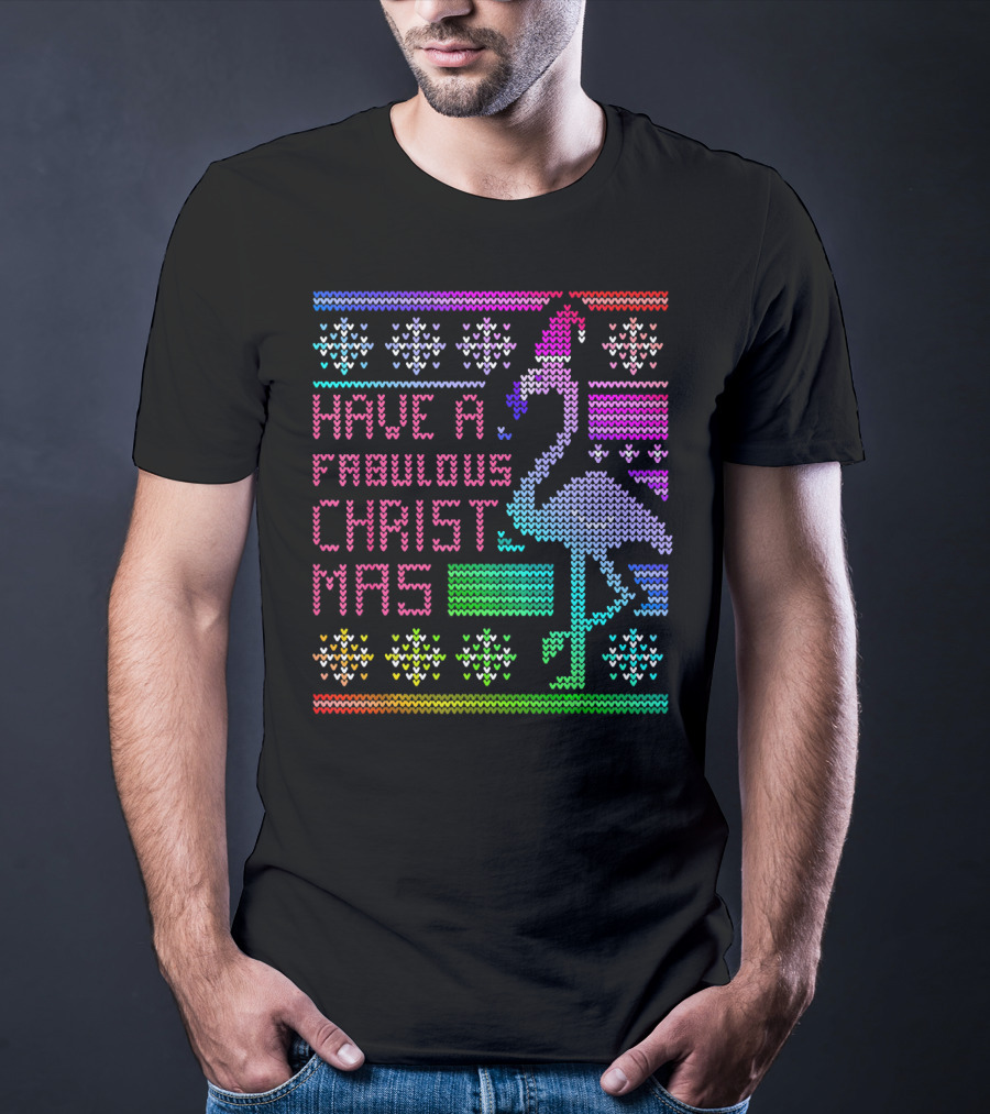 Have A Fabulous Christmas Flamingo Ugly Christmas Rainbow T-Shirt