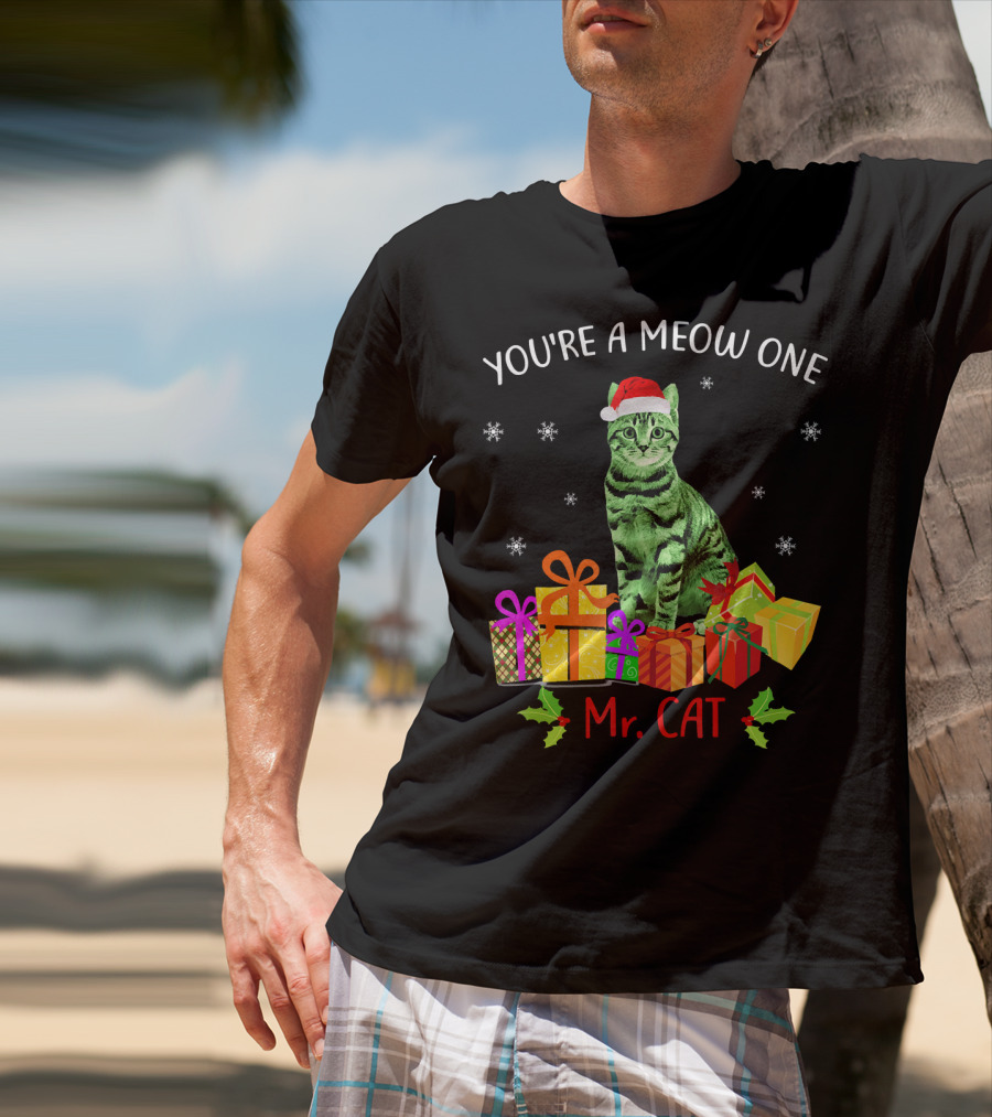 You're A Meow One Mr. Cat Christmas Holiday With Presents And Santa Hat T-Shirt