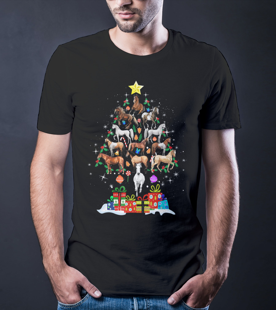 Horse Christmas Tree With Star And Holiday Gifts T-Shirt