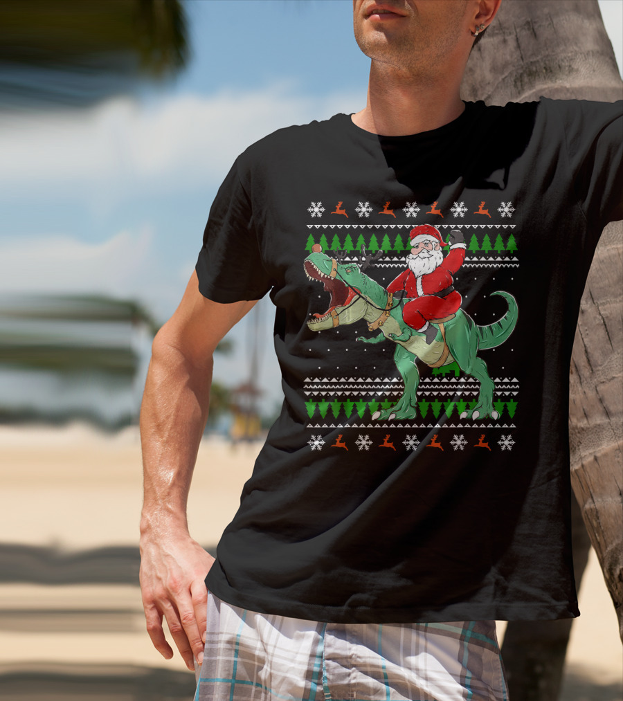 Santa Riding Dino Ugly Christmas Sweater With Snowflakes And Reindeer T-Shirt
