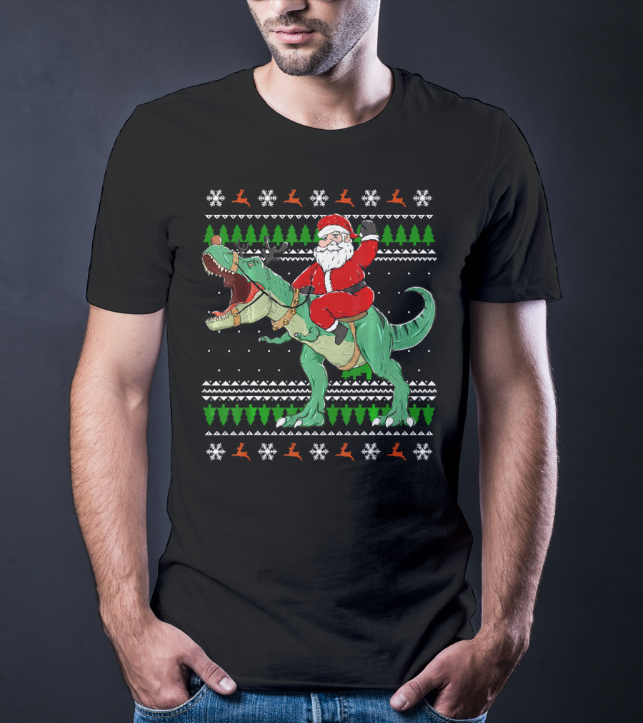 Santa Riding Dino Ugly Christmas Sweater With Snowflakes And Reindeer T-Shirt