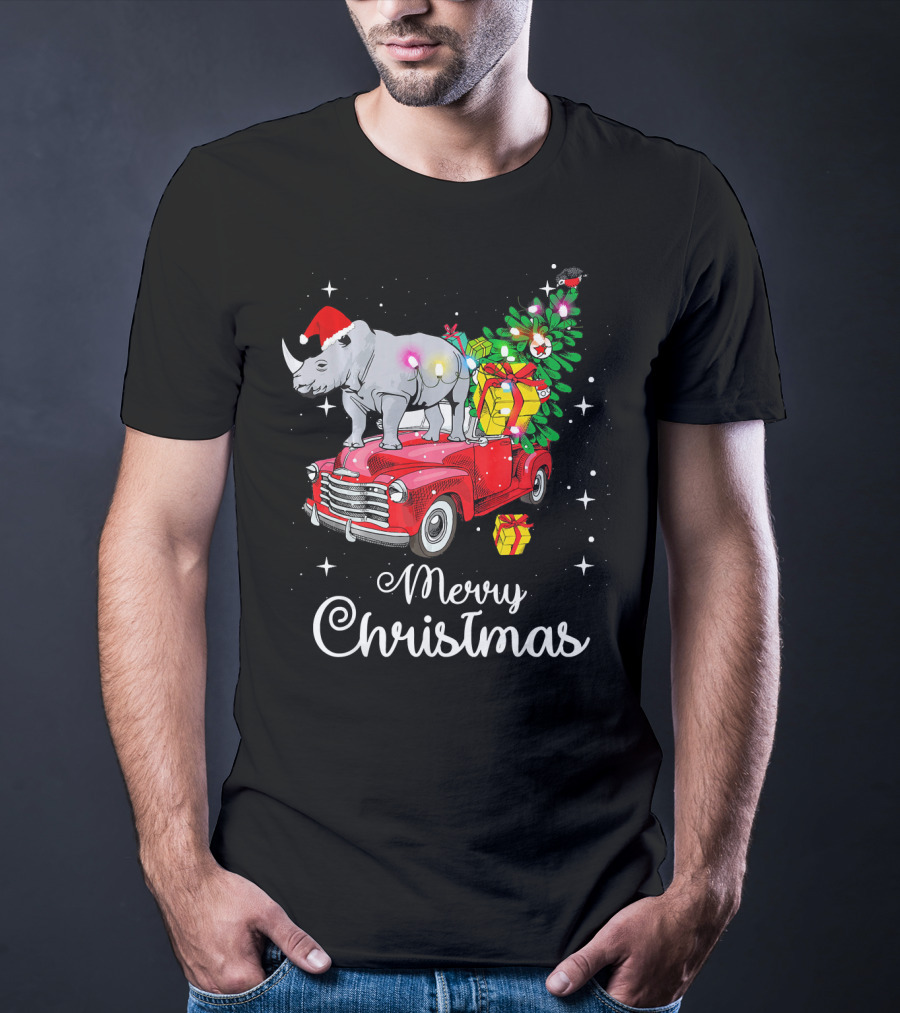 Merry Christmas Rhino Santa Hat On Red Truck With Christmas Tree And Gifts T-Shirt