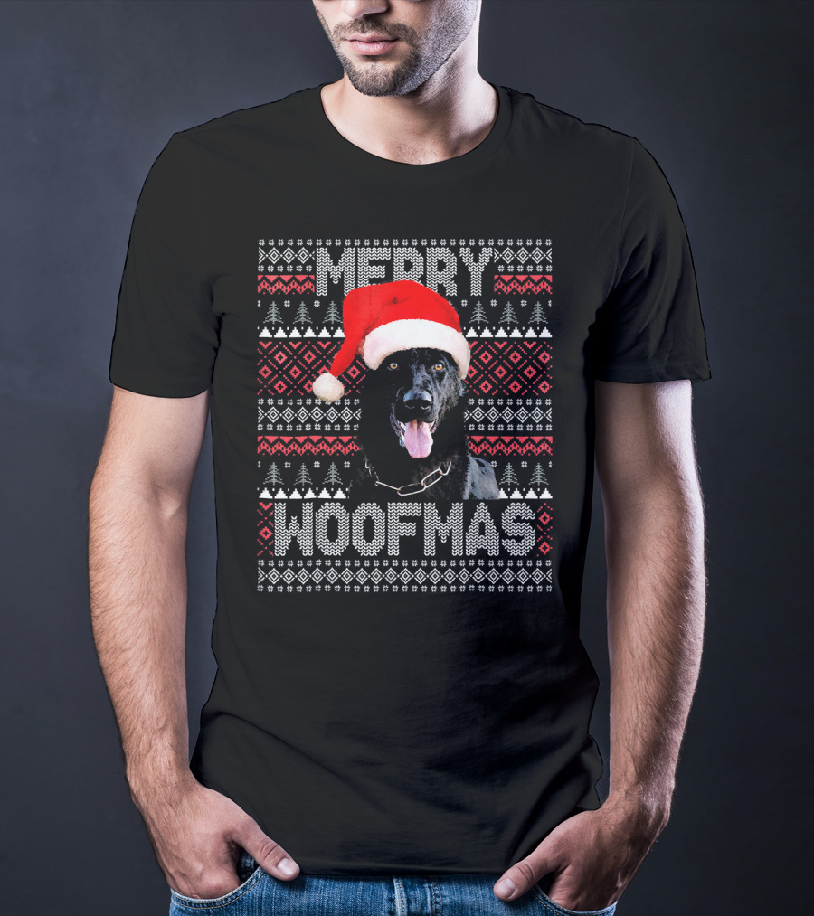 Merry Woofmas German Shepherd In Santa Hat With Festive Knitting T-Shirt