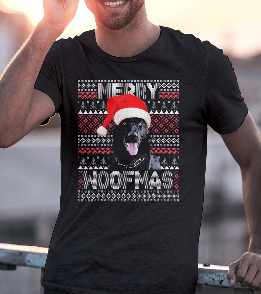 Merry Woofmas German Shepherd In Santa Hat With Festive Knitting T-Shirt