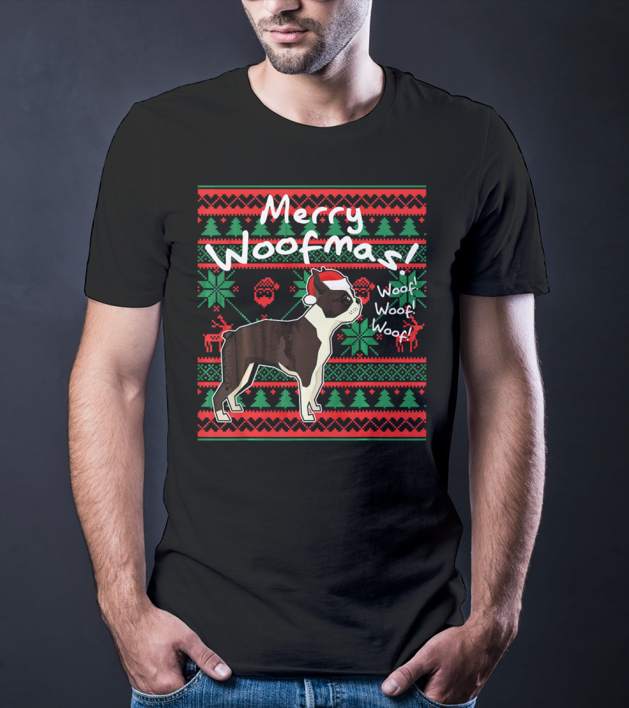 Merry Woofmas Boston Terrier Woof Woof Santa Hat Christmas T-Shirt