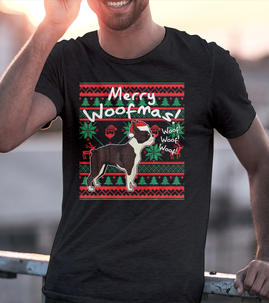 Merry Woofmas Boston Terrier Woof Woof Santa Hat Christmas T-Shirt