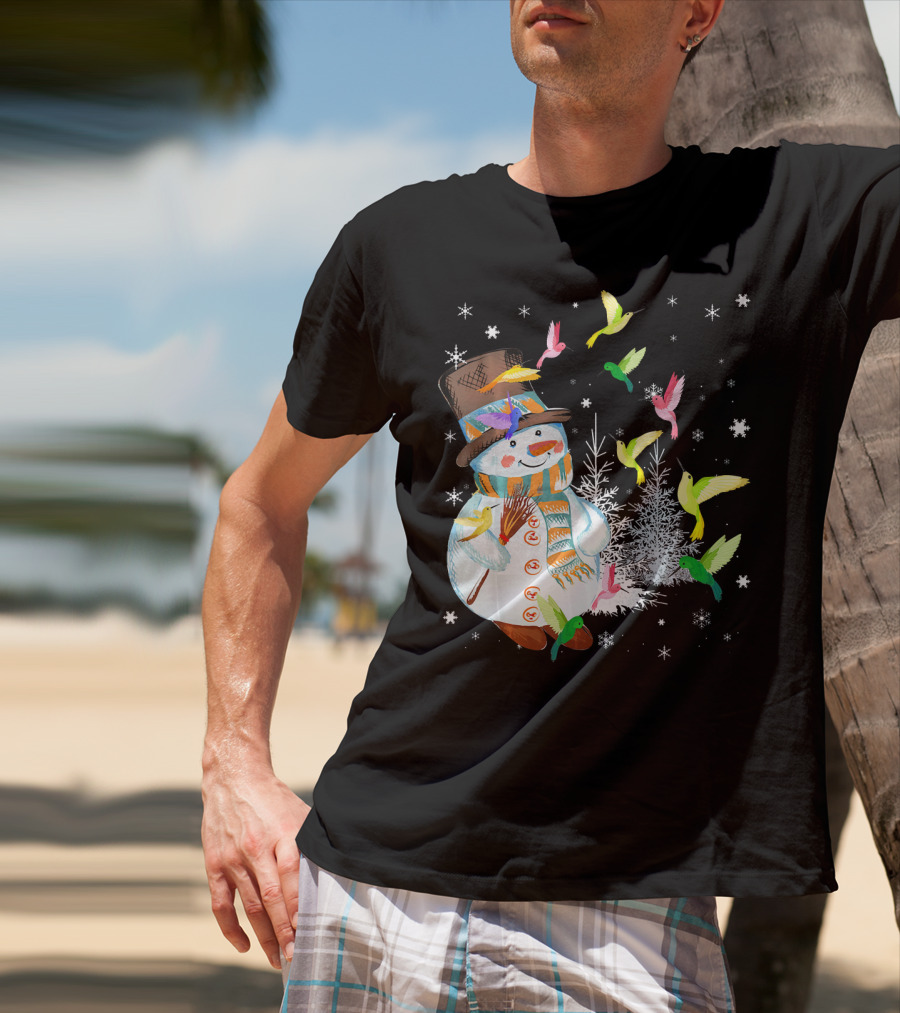 Merry Hummingbird Snowman With Colorful Birds And Snowflakes T-Shirt