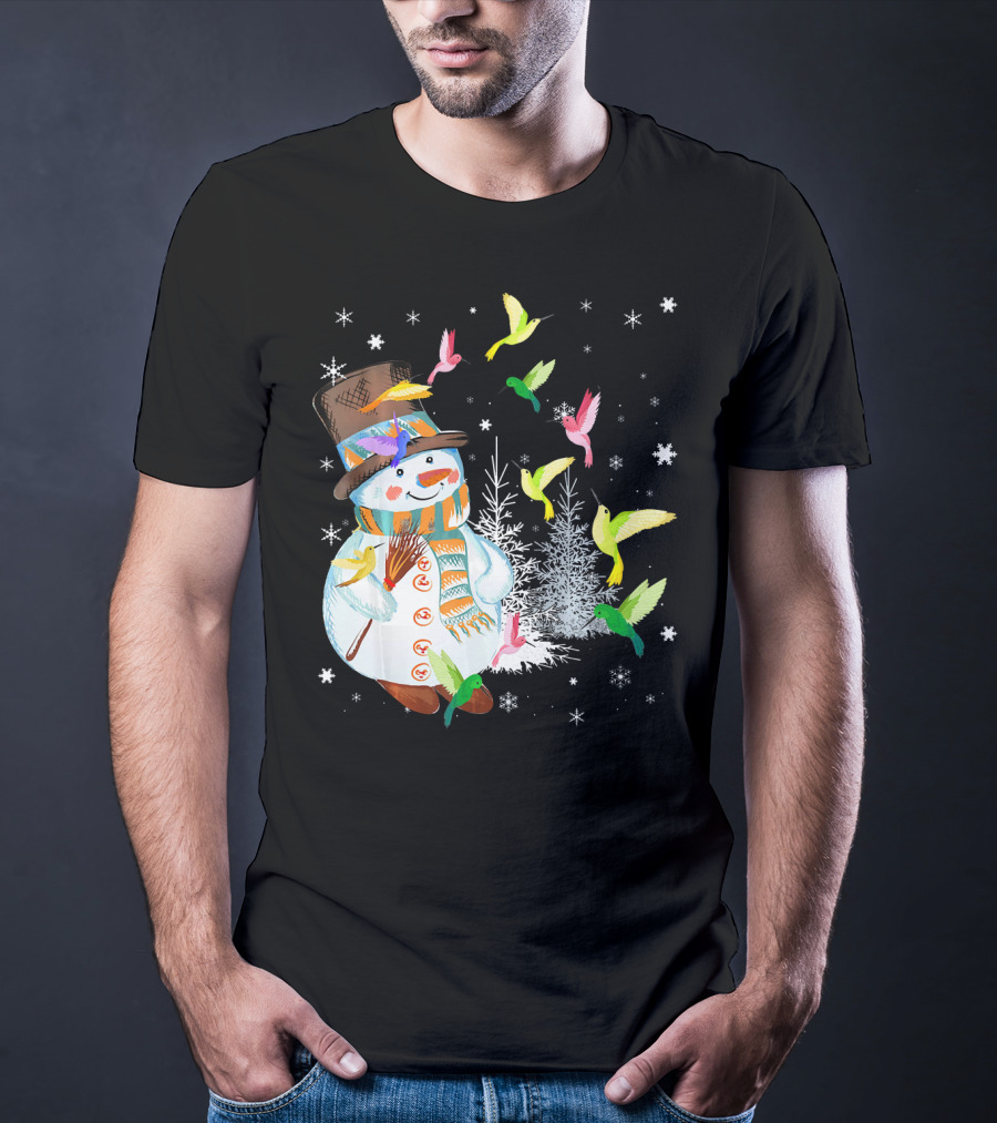 Merry Hummingbird Snowman With Colorful Birds And Snowflakes T-Shirt