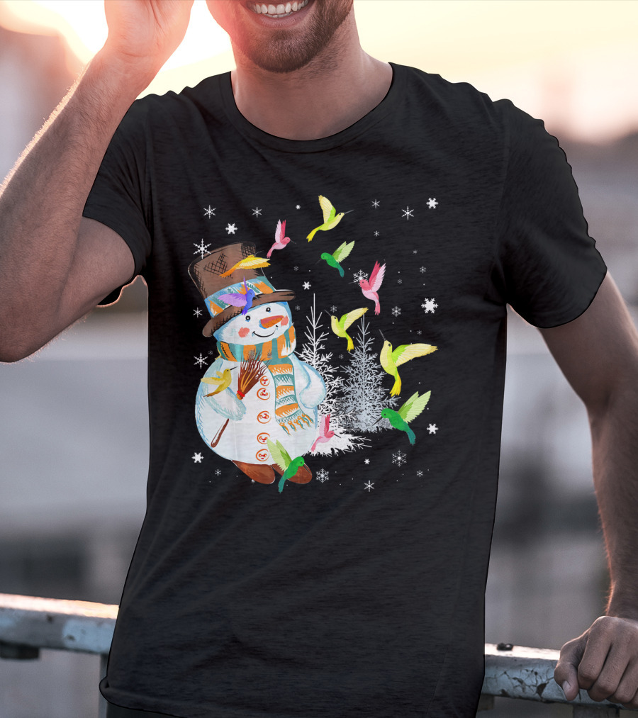 Merry Hummingbird Snowman With Colorful Birds And Snowflakes T-Shirt