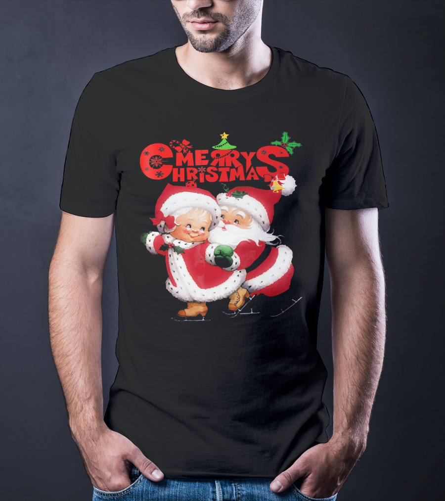 Merry Christmas Cute Mrs Claus And Santa Skating T-Shirt