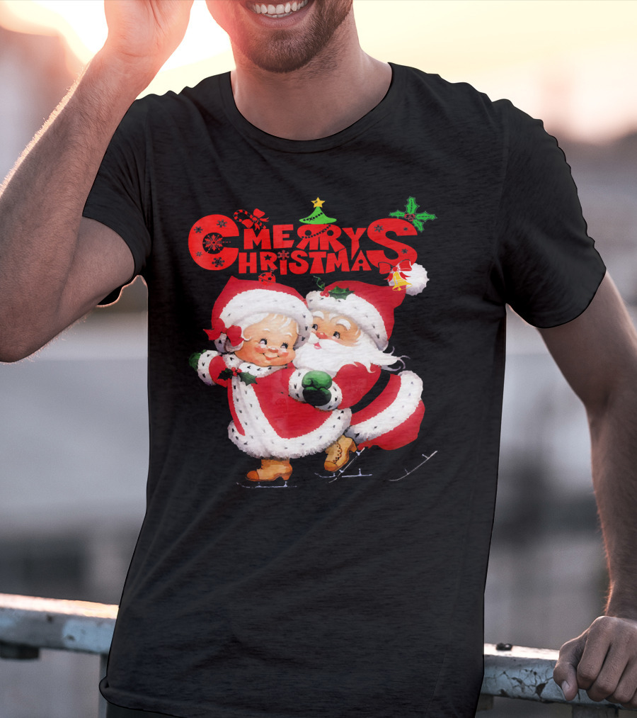Merry Christmas Cute Mrs Claus And Santa Skating T-Shirt