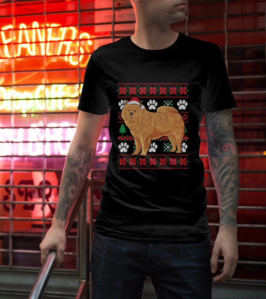 Chow Chow Ugly Christmas Sweater With Santa Hat And Paw Prints T-Shirt