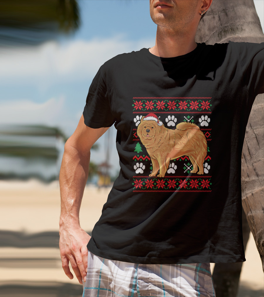 Chow Chow Ugly Christmas Sweater With Santa Hat And Paw Prints T-Shirt