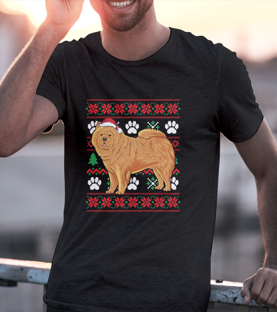 Chow Chow Ugly Christmas Sweater With Santa Hat And Paw Prints T-Shirt