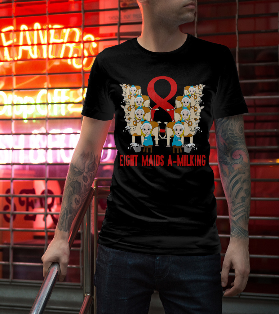 Eight Maids A-Milking Cows With Red Ribbon Background T-Shirt