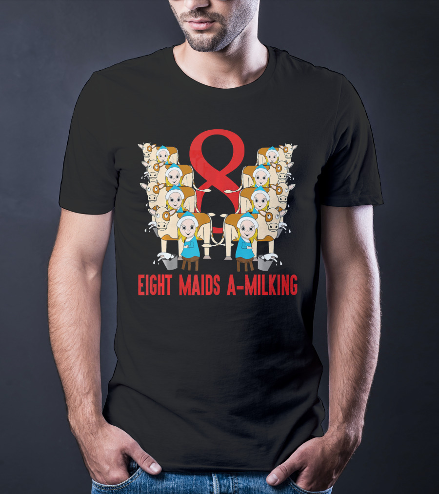 Eight Maids A-Milking Cows With Red Ribbon Background T-Shirt