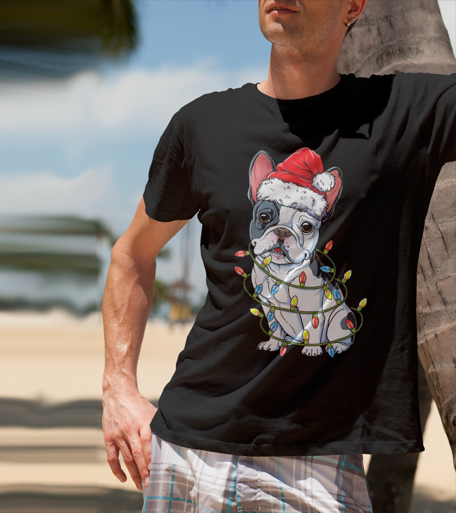 French Bulldog Christmas Santa Hat Festive Lights T-Shirt