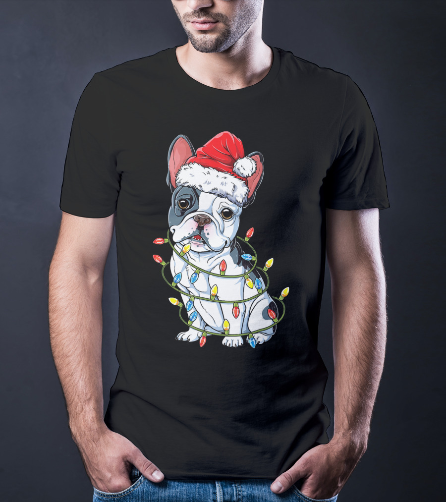French Bulldog Christmas Santa Hat Festive Lights T-Shirt
