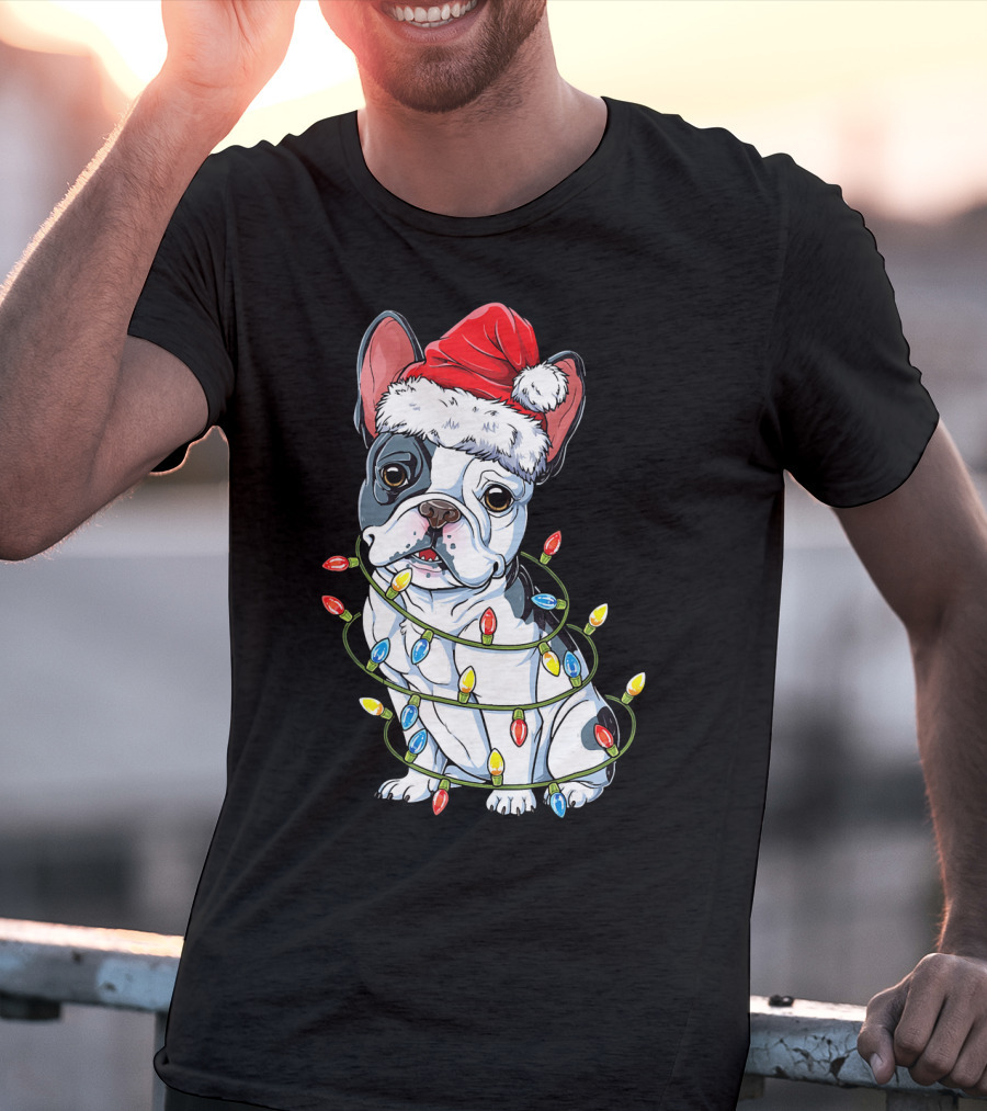 French Bulldog Christmas Santa Hat Festive Lights T-Shirt