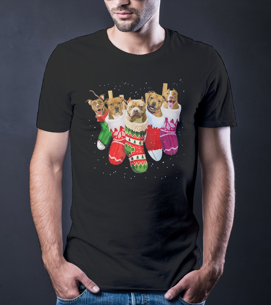 Pit Bull Dogs In Festive Christmas Stockings T-Shirt