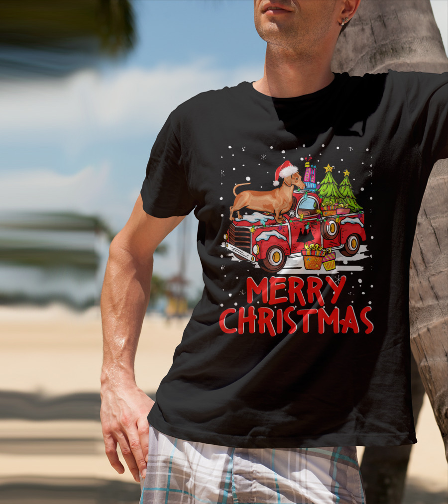 Merry Christmas Dachshund Santa Hat Red Truck With Gifts And Trees T-Shirt