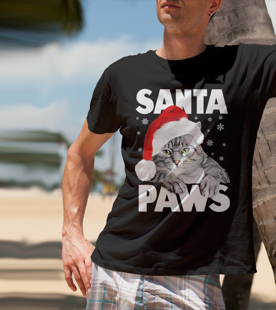 Santa Paws Christmas Kitty Cat Funny Graphic Snowflakes Hat T-Shirt