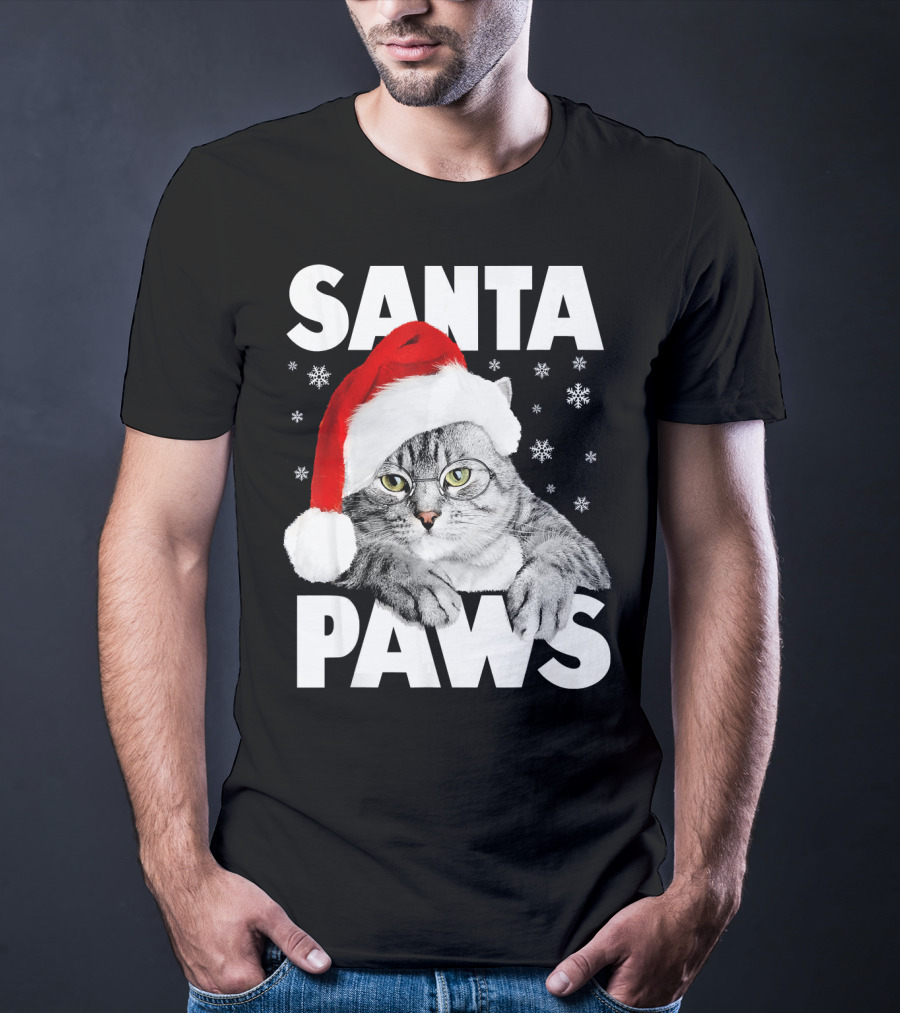 Santa Paws Christmas Kitty Cat Funny Graphic Snowflakes Hat T-Shirt