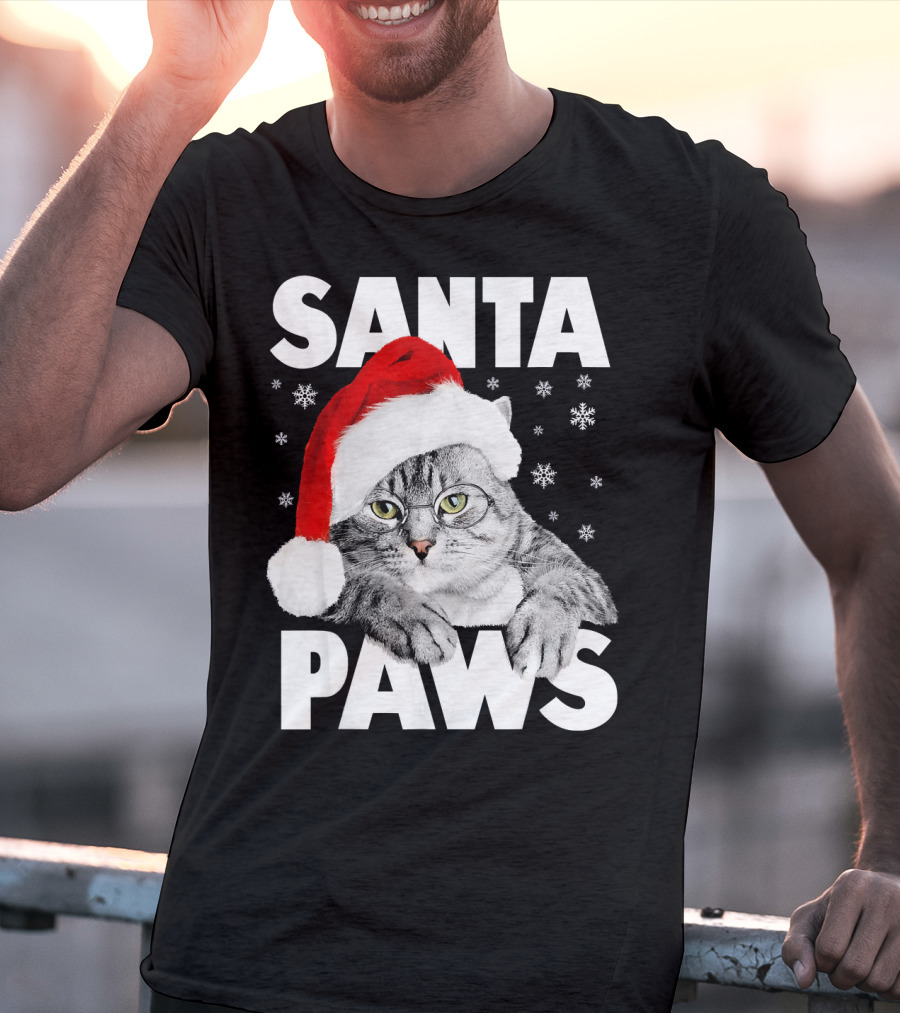 Santa Paws Christmas Kitty Cat Funny Graphic Snowflakes Hat T-Shirt