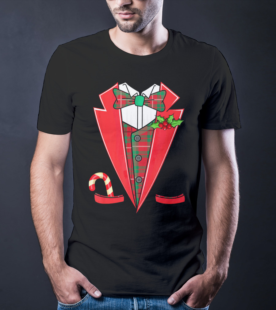 Tuxedo Christmas Fancy Xmas Co Red Plaid Bowtie Candy Cane Holiday Jacket T-Shirt