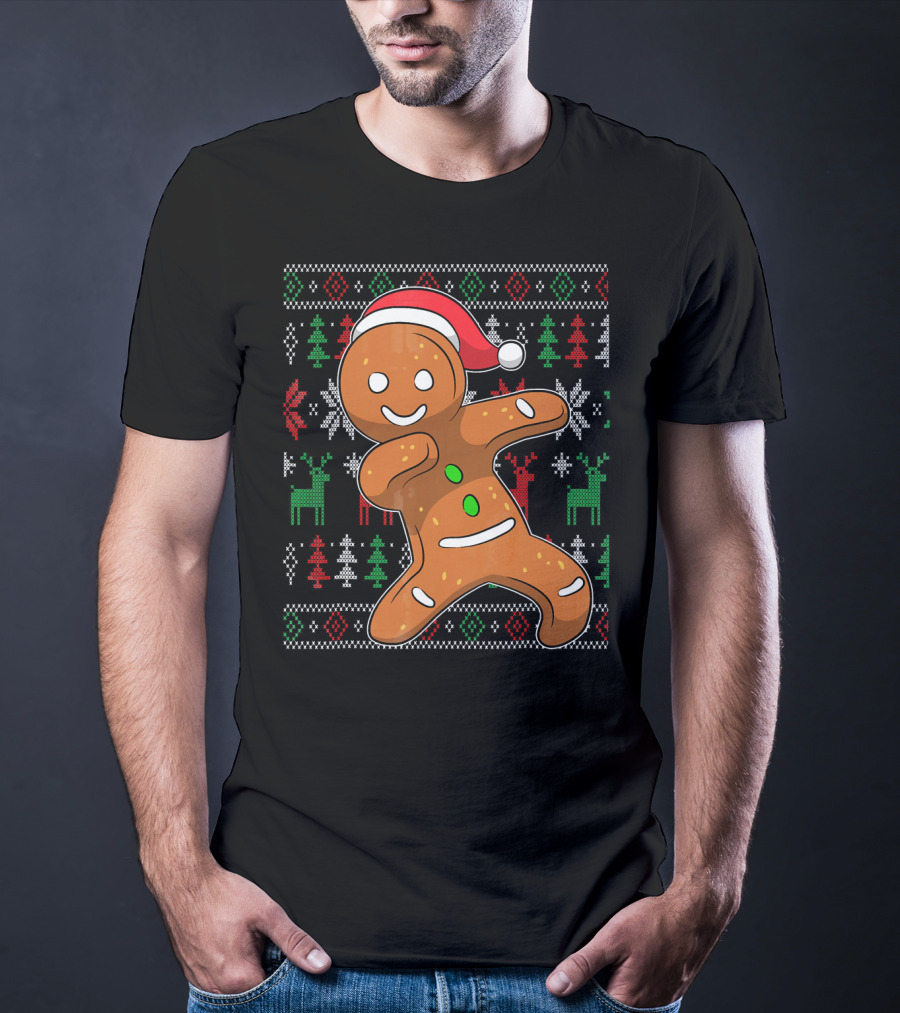 Ugly Christmas Sweater Dabbing Gingerbread Man Santa Hat Holiday T-Shirt