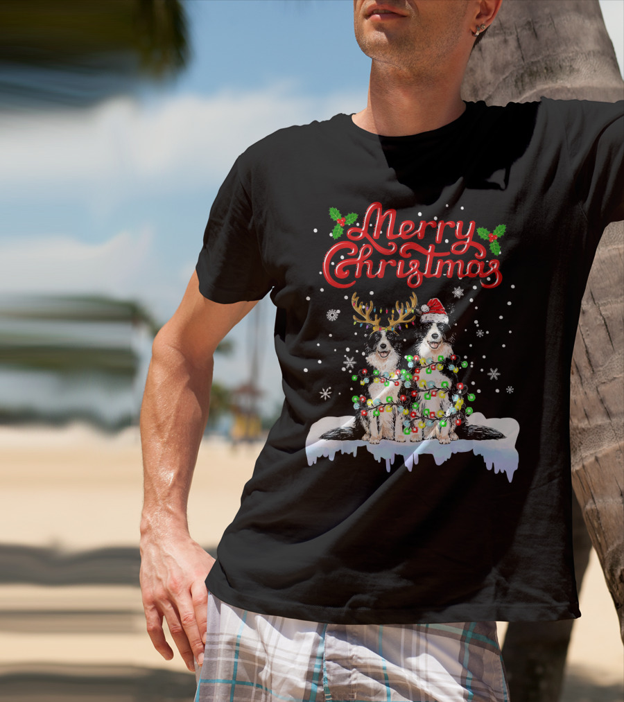 Merry Christmas Border Collie Christmas Lights Funny Dog Santa Reindeer T-Shirt