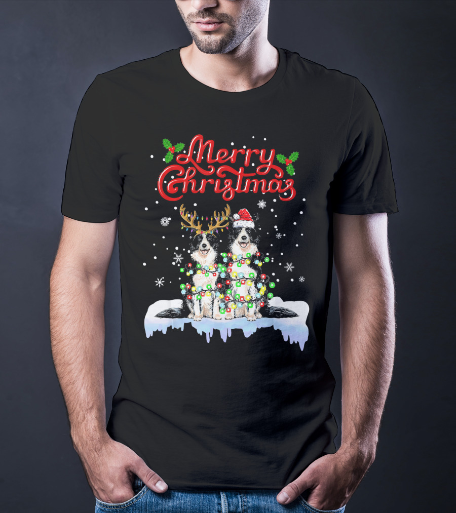 Merry Christmas Border Collie Christmas Lights Funny Dog Santa Reindeer T-Shirt