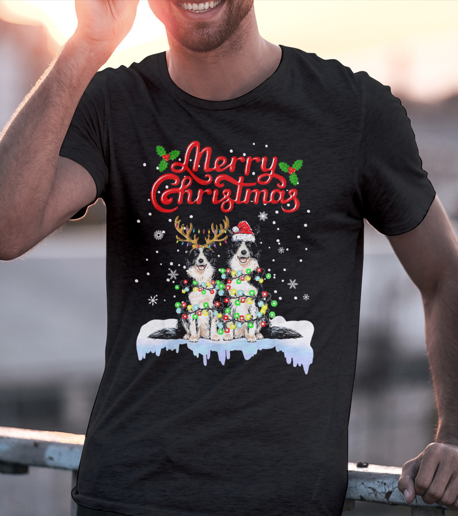Merry Christmas Border Collie Christmas Lights Funny Dog Santa Reindeer T-Shirt