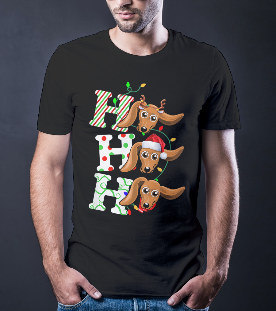 Dachshund Ho Ho Ho Reindeer Antlers Santa Hat Christmas Lights T-Shirt