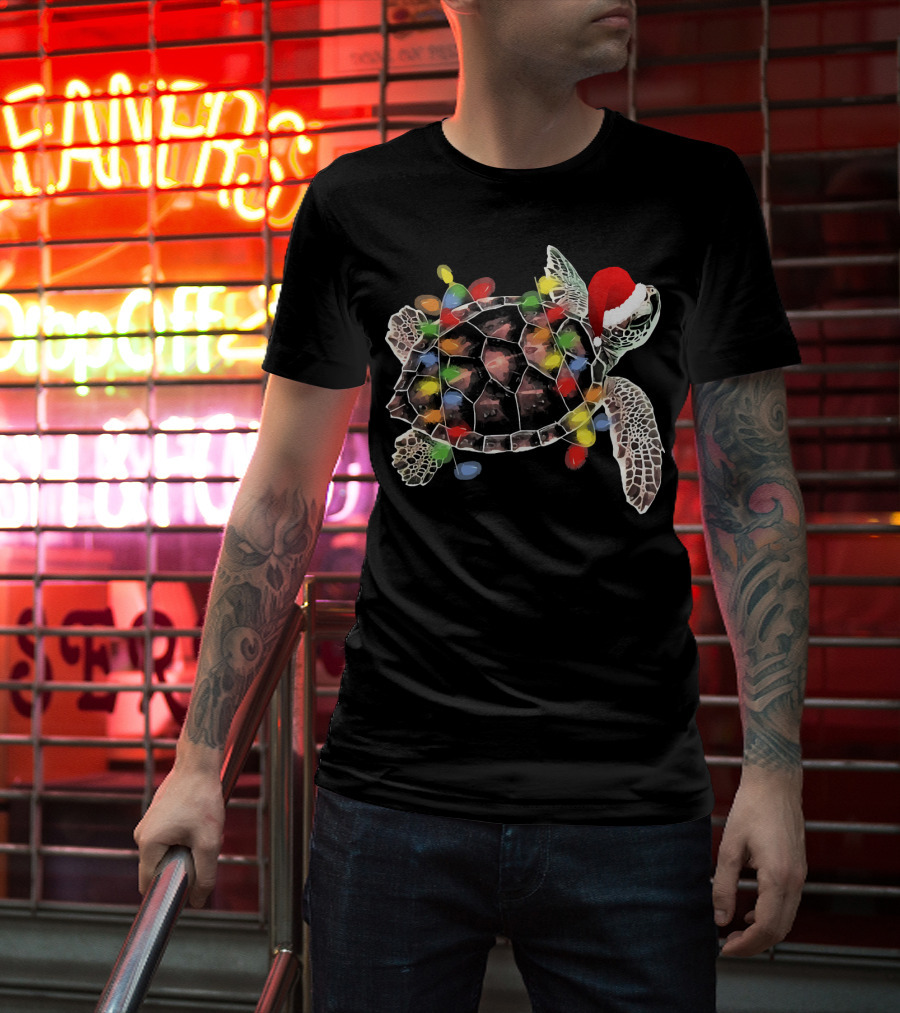 Sea Turtle With Christmas Lights In Santa Hat Merry Chris T-Shirt