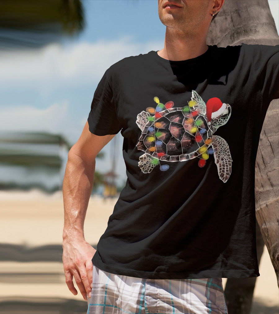 Sea Turtle With Christmas Lights In Santa Hat Merry Chris T-Shirt