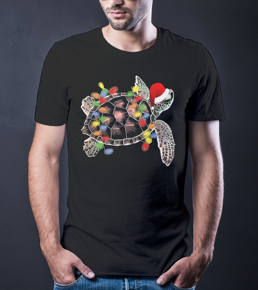 Sea Turtle With Christmas Lights In Santa Hat Merry Chris T-Shirt