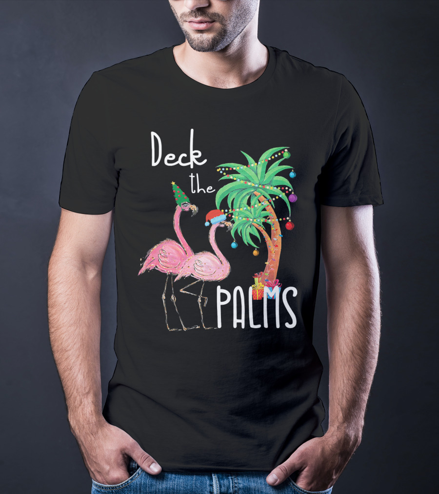 Deck The Palms Christmas Flamingo Family Tropical Holiday Scene T-Shirt