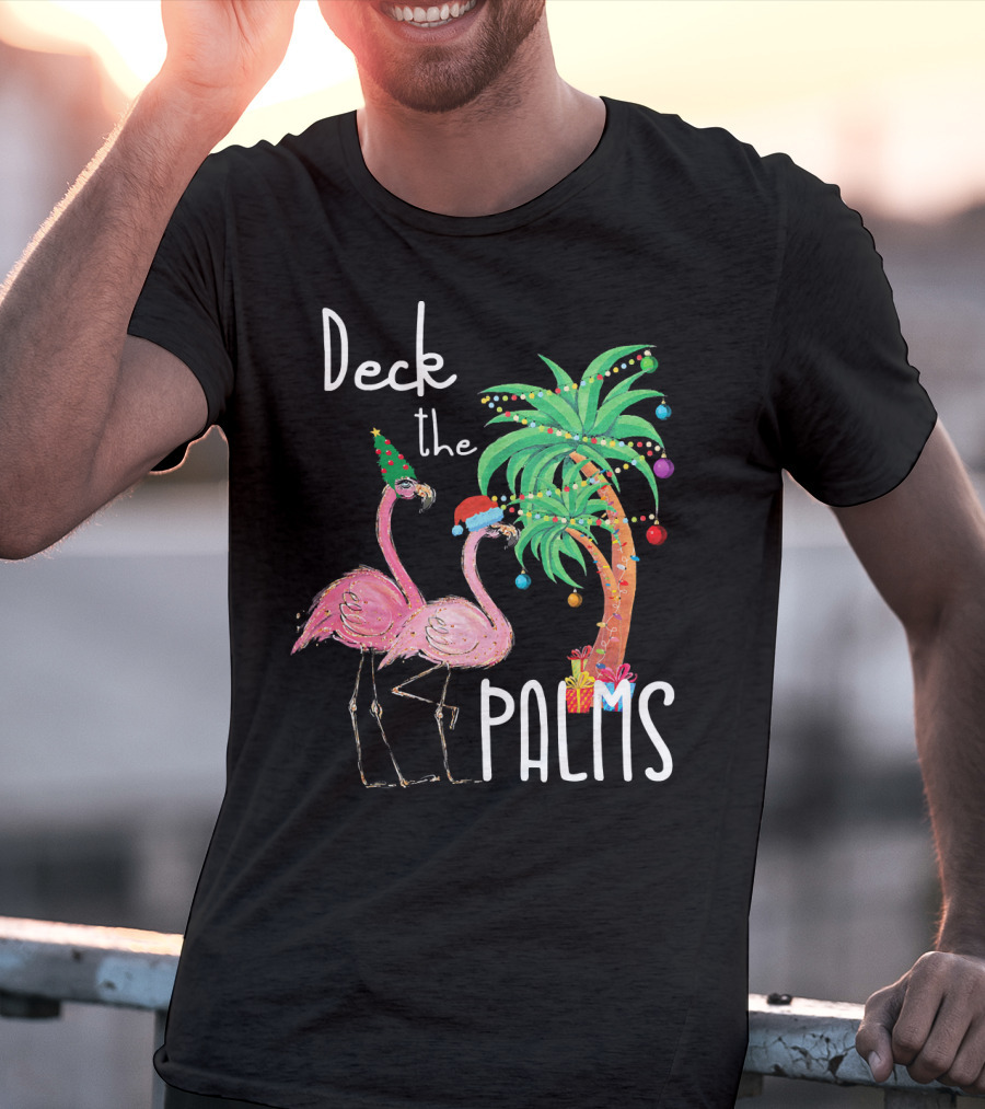 Deck The Palms Christmas Flamingo Family Tropical Holiday Scene T-Shirt